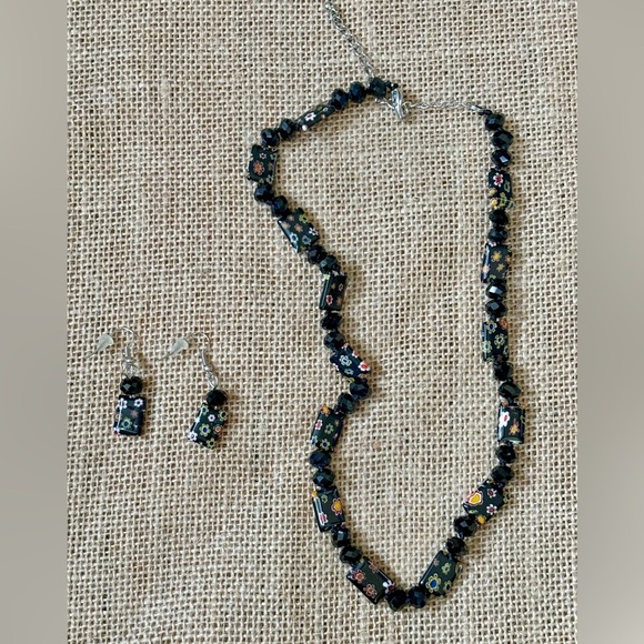 Black Glass Bead Floral Necklace Earrings Set Millefiori Whimsigoth Dark Romance - Picture 2 of 6